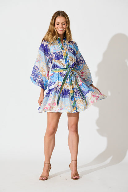 Izzy Dress in Blue and Multi Floral with Ric Rac Trim