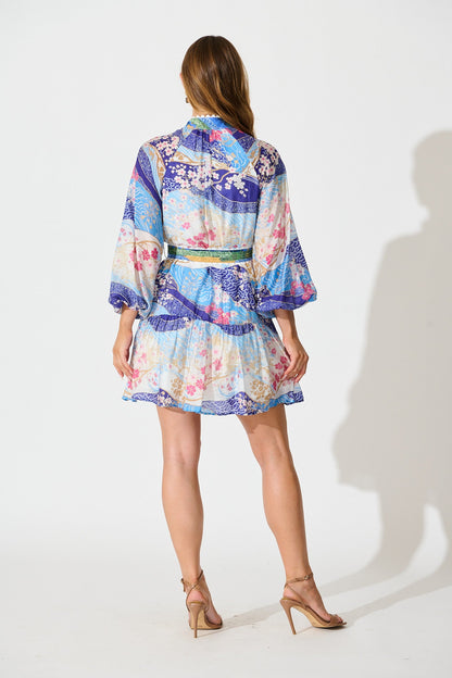 Izzy Dress in Blue and Multi Floral with Ric Rac Trim