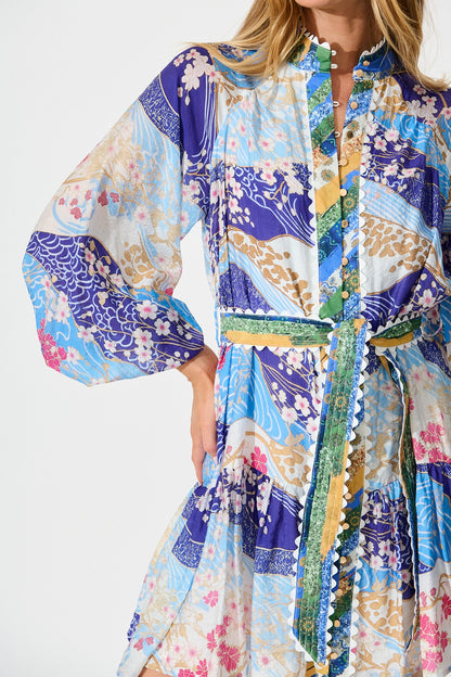 Izzy Dress in Blue and Multi Floral with Ric Rac Trim