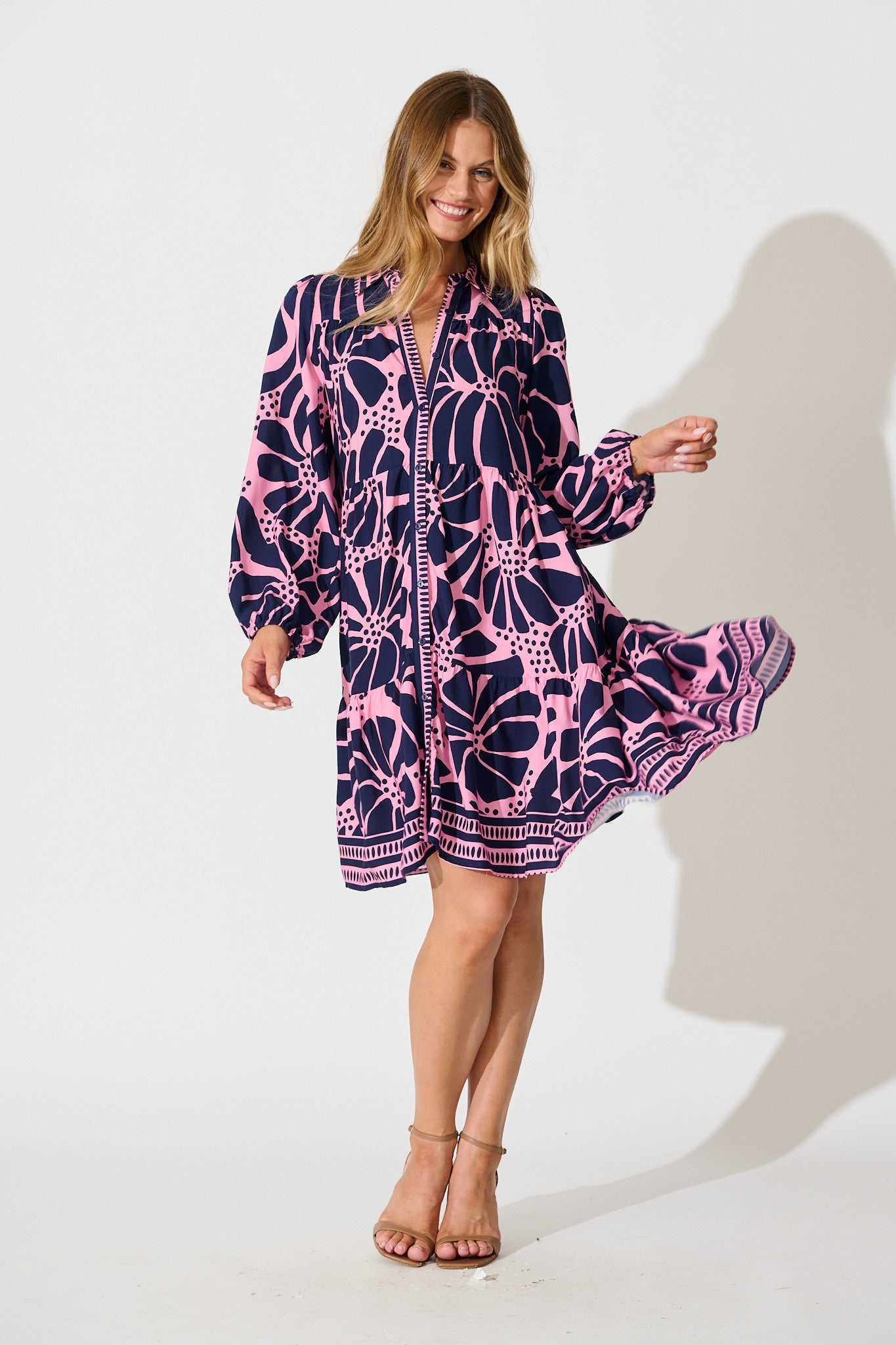 Felicity Shirt Dress In Pink And Navy Floral