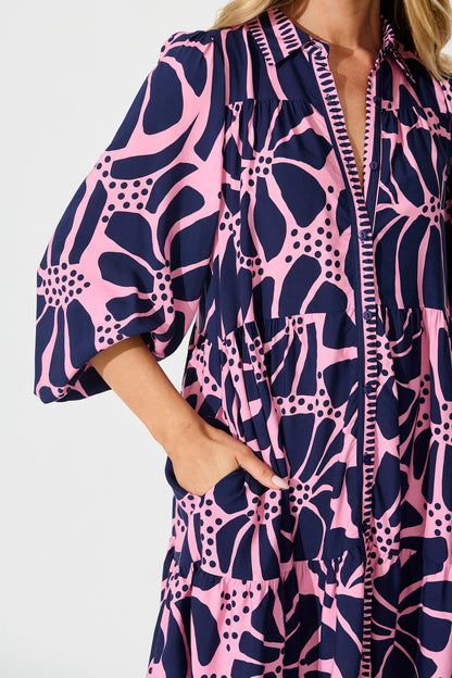Felicity Shirt Dress In Pink And Navy Floral