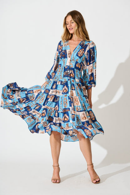 Nimisha Midi Dress in Blue with Brown Patchwork Print