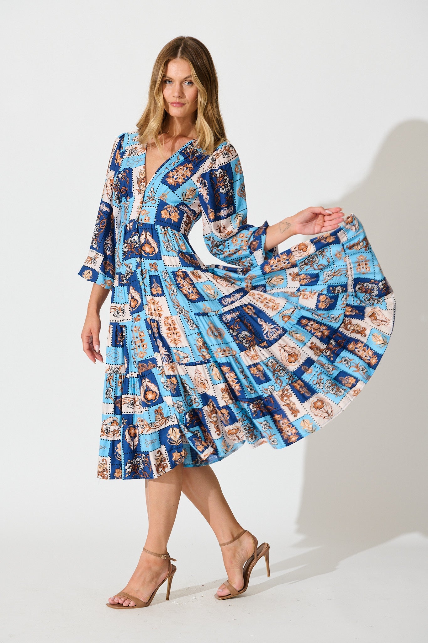 Nimisha Midi Dress in Blue with Brown Patchwork Print