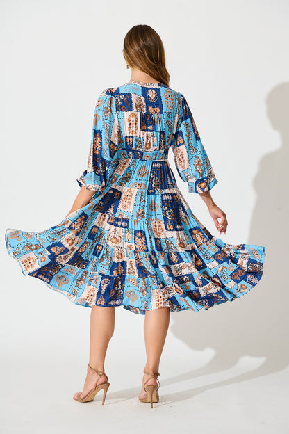 Nimisha Midi Dress in Blue with Brown Patchwork Print