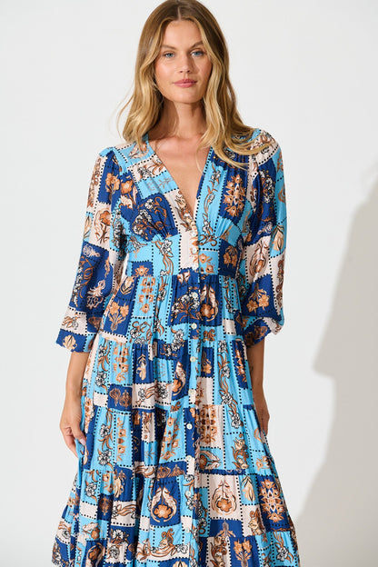 Nimisha Midi Dress in Blue with Brown Patchwork Print