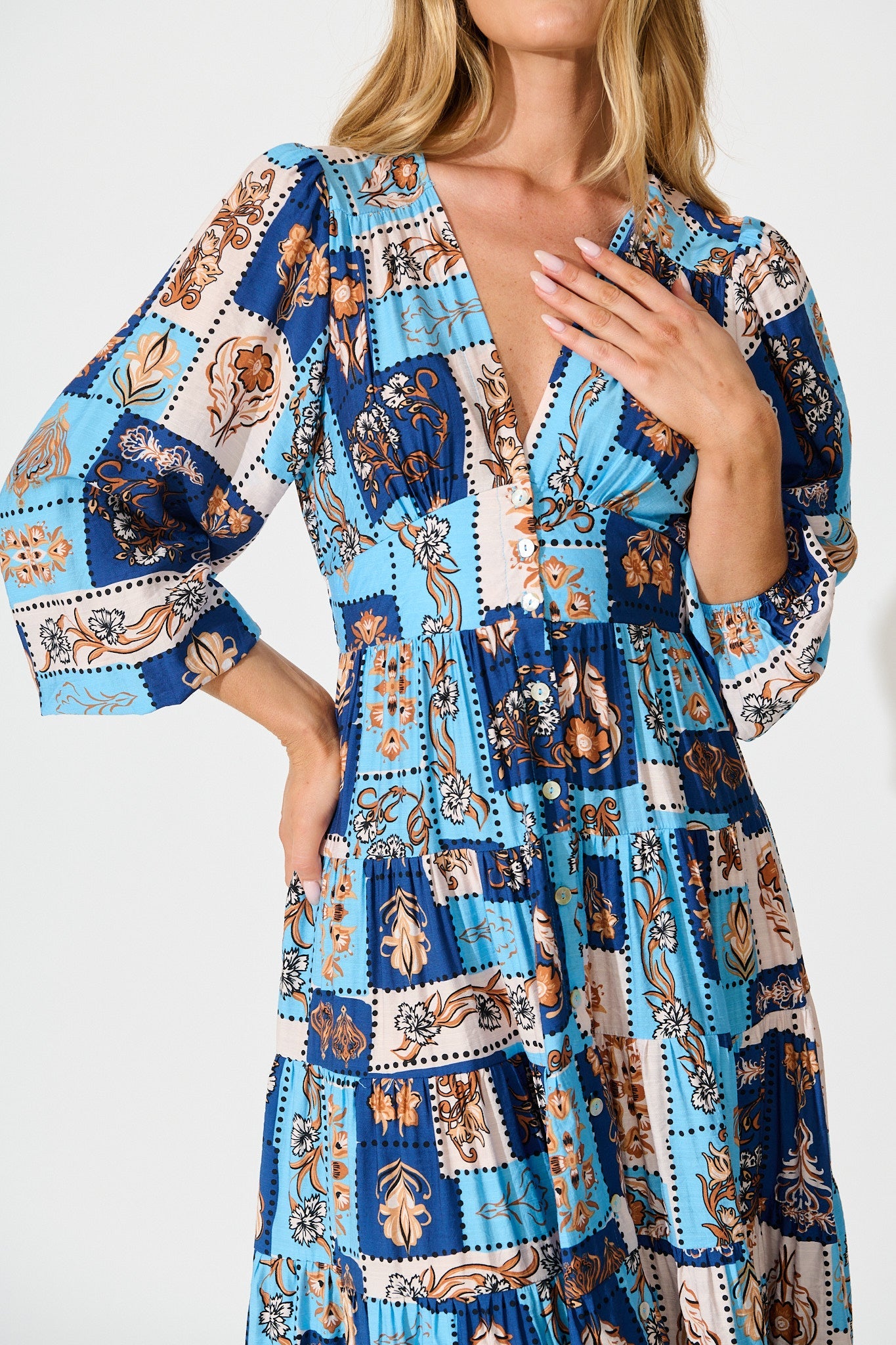 Nimisha Midi Dress in Blue with Brown Patchwork Print