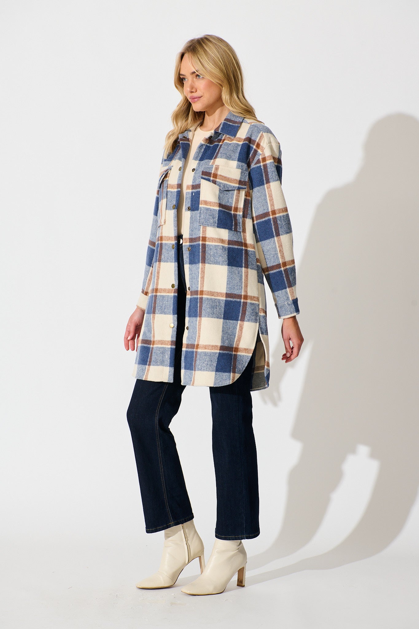 Mariana Shacket in Cream with Blue Check Wool Blend