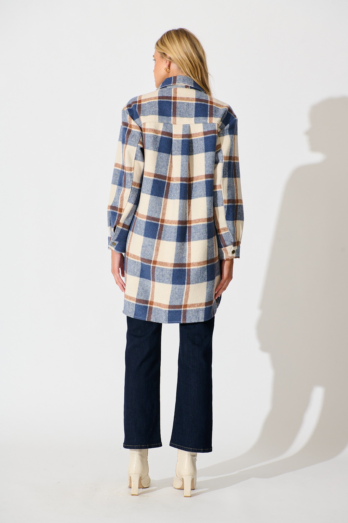 Mariana Shacket in Cream with Blue Check Wool Blend