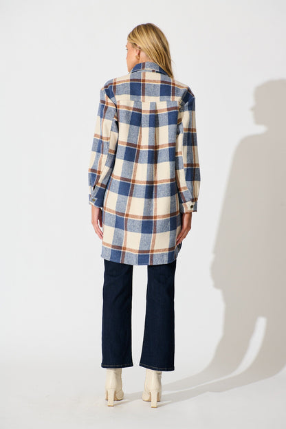 Mariana Shacket in Cream with Blue Check Wool Blend