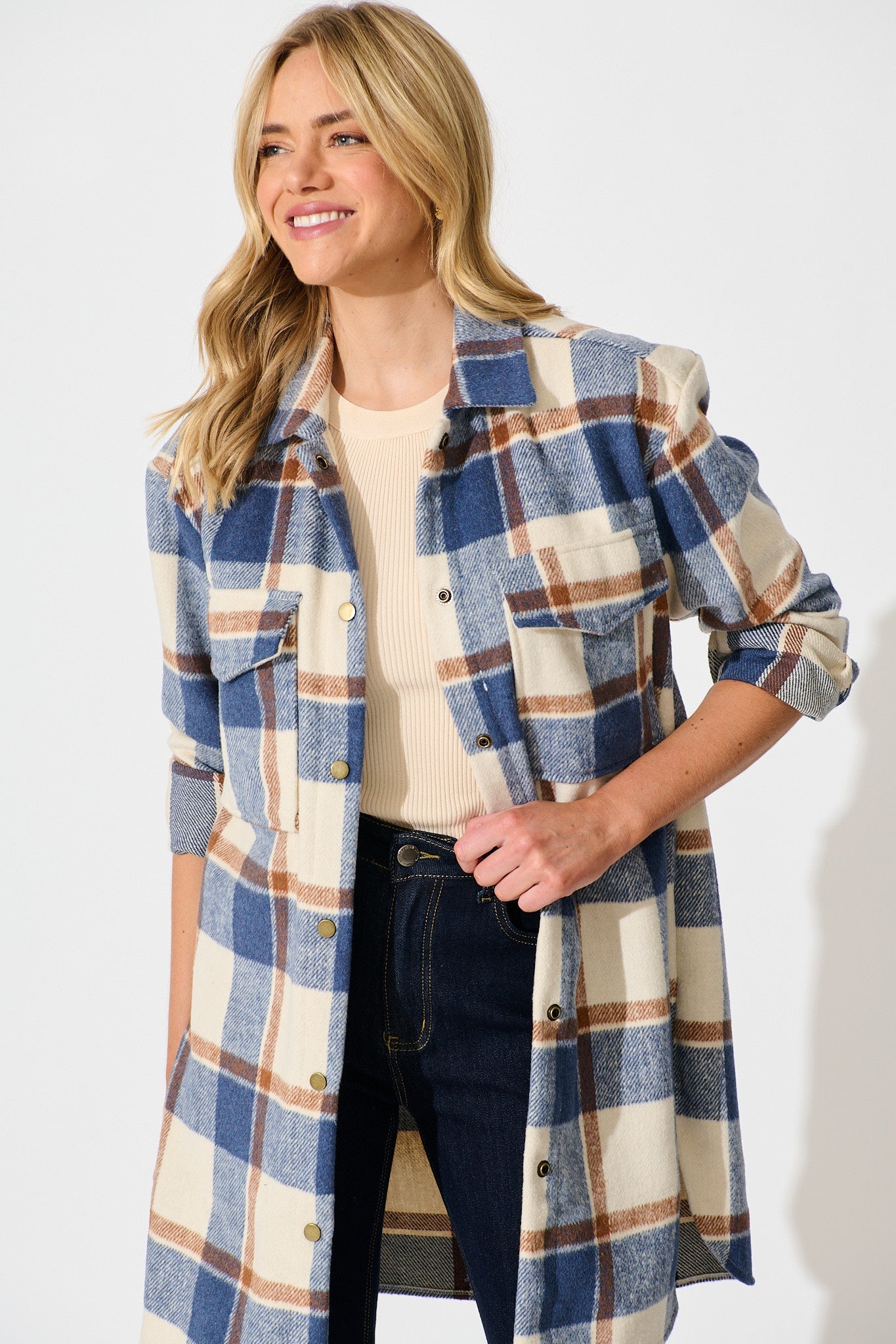 Mariana Shacket in Cream with Blue Check Wool Blend