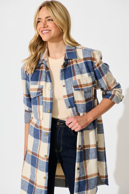 Mariana Shacket in Cream with Blue Check Wool Blend