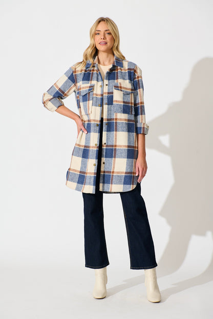 Mariana Shacket in Cream with Blue Check Wool Blend