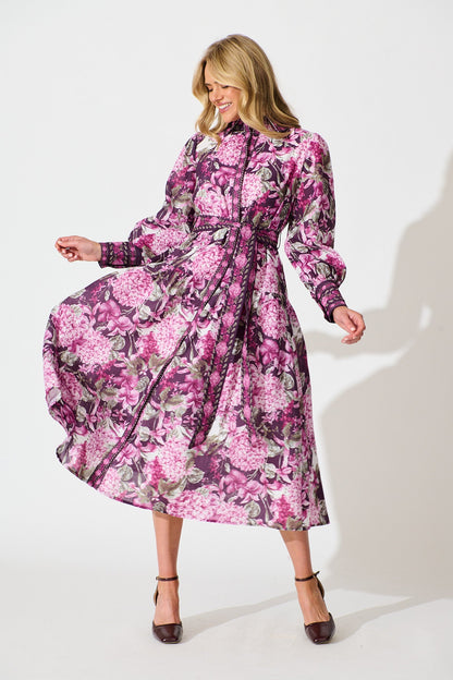 Verity Maxi Dress in Multi Plum Floral Linen Blend