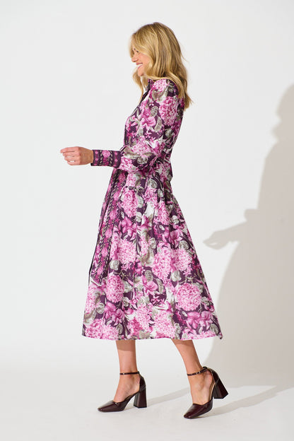 Verity Maxi Dress in Multi Plum Floral Linen Blend