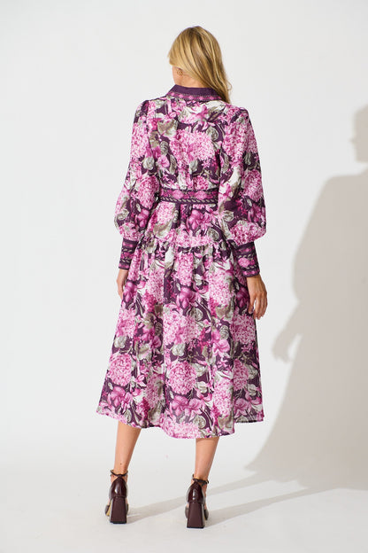 Verity Maxi Dress in Multi Plum Floral Linen Blend