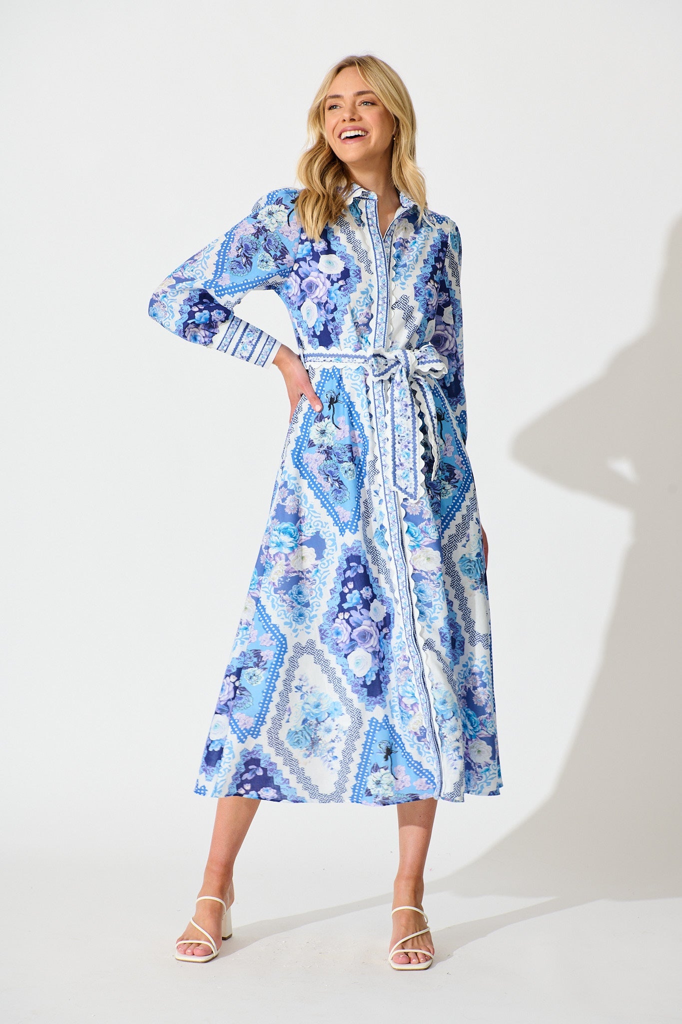 Starfall Midi Shirt Dress in Blue Floral Print Linen Blend
