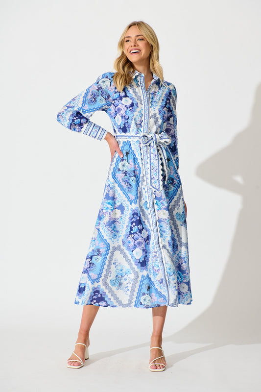 Starfall Midi Shirt Dress in Blue Floral Print Linen Blend