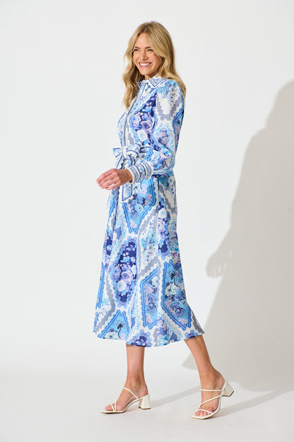 Starfall Midi Shirt Dress in Blue Floral Print Linen Blend