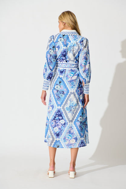Starfall Midi Shirt Dress in Blue Floral Print Linen Blend