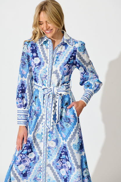 Starfall Midi Shirt Dress in Blue Floral Print Linen Blend