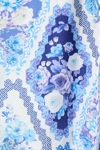 Starfall Midi Shirt Dress in Blue Floral Print Linen Blend