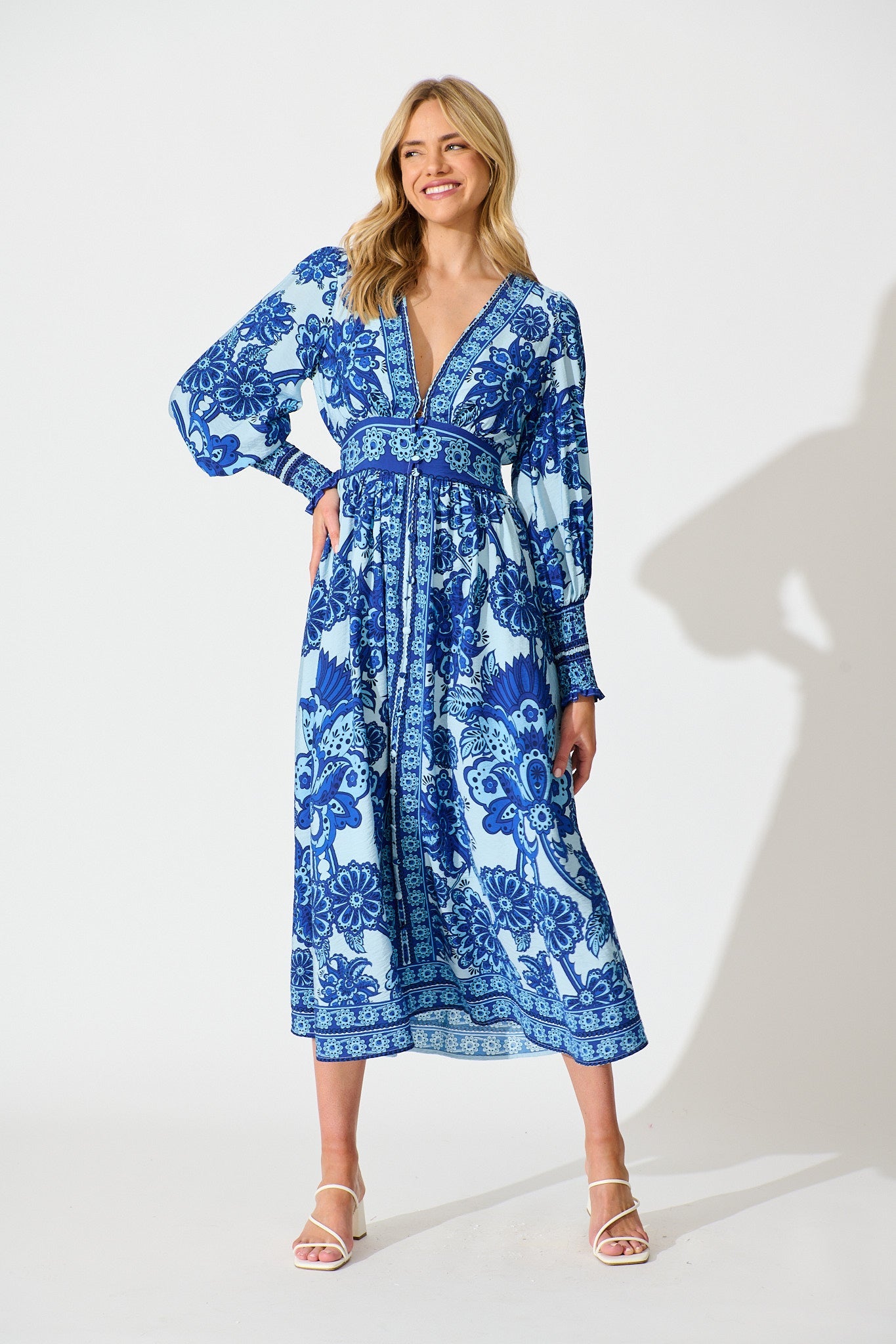 Deep Dive Maxi Dress in Blue with Navy Border Print