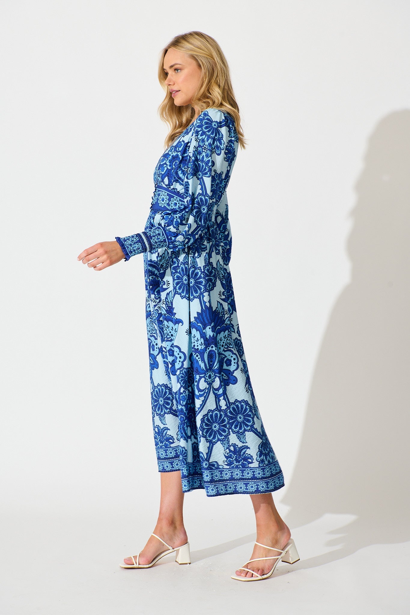 Deep Dive Maxi Dress in Blue with Navy Border Print