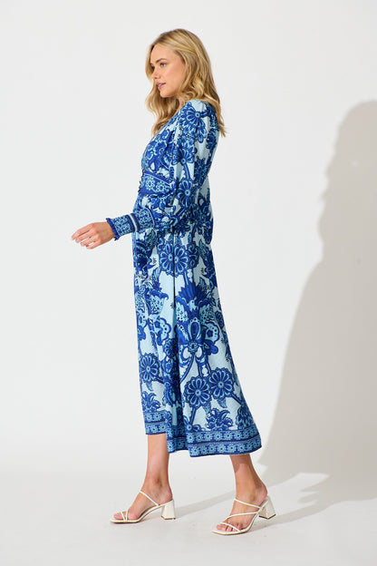 Deep Dive Maxi Dress in Blue with Navy Border Print