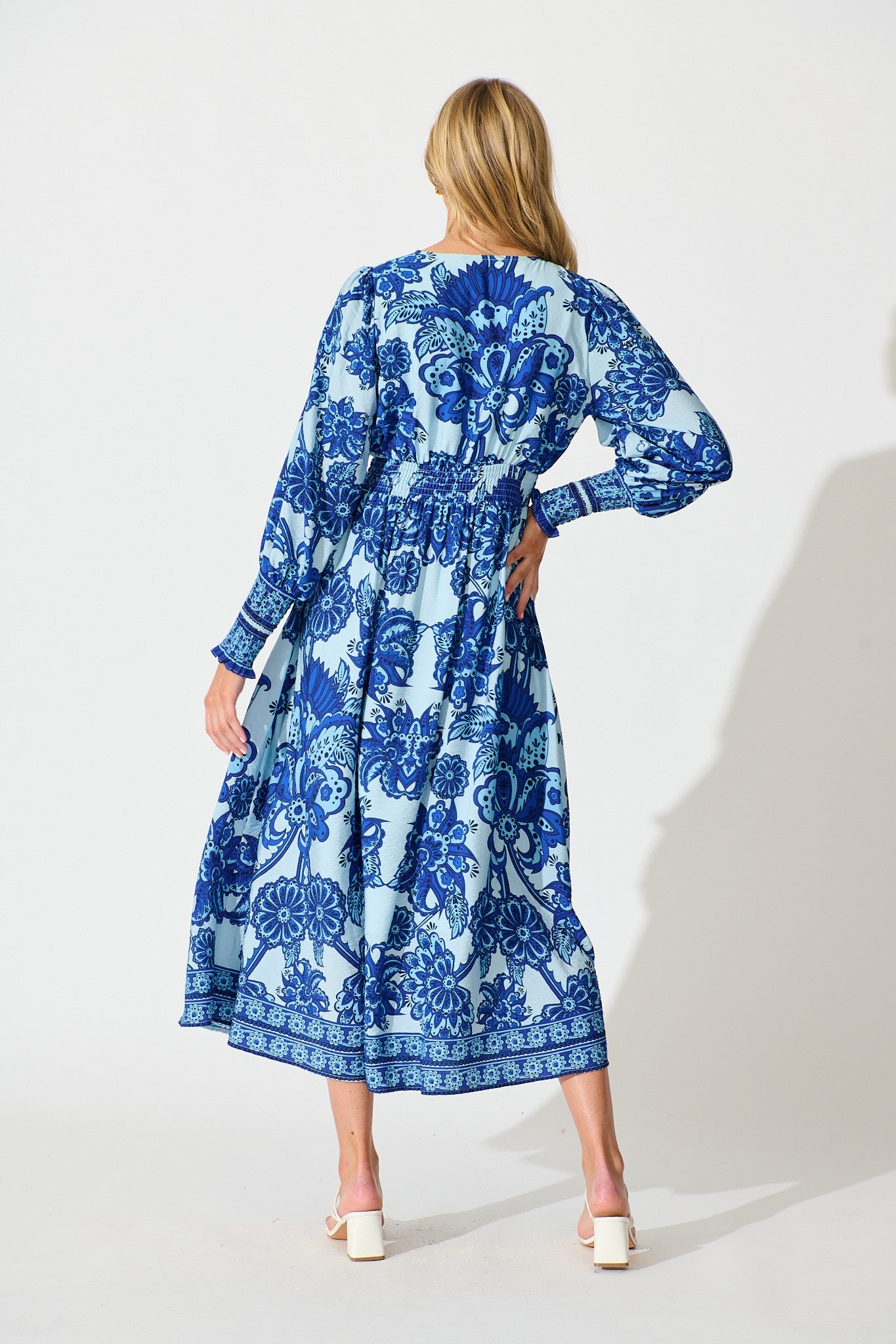 Deep Dive Maxi Dress in Blue with Navy Border Print