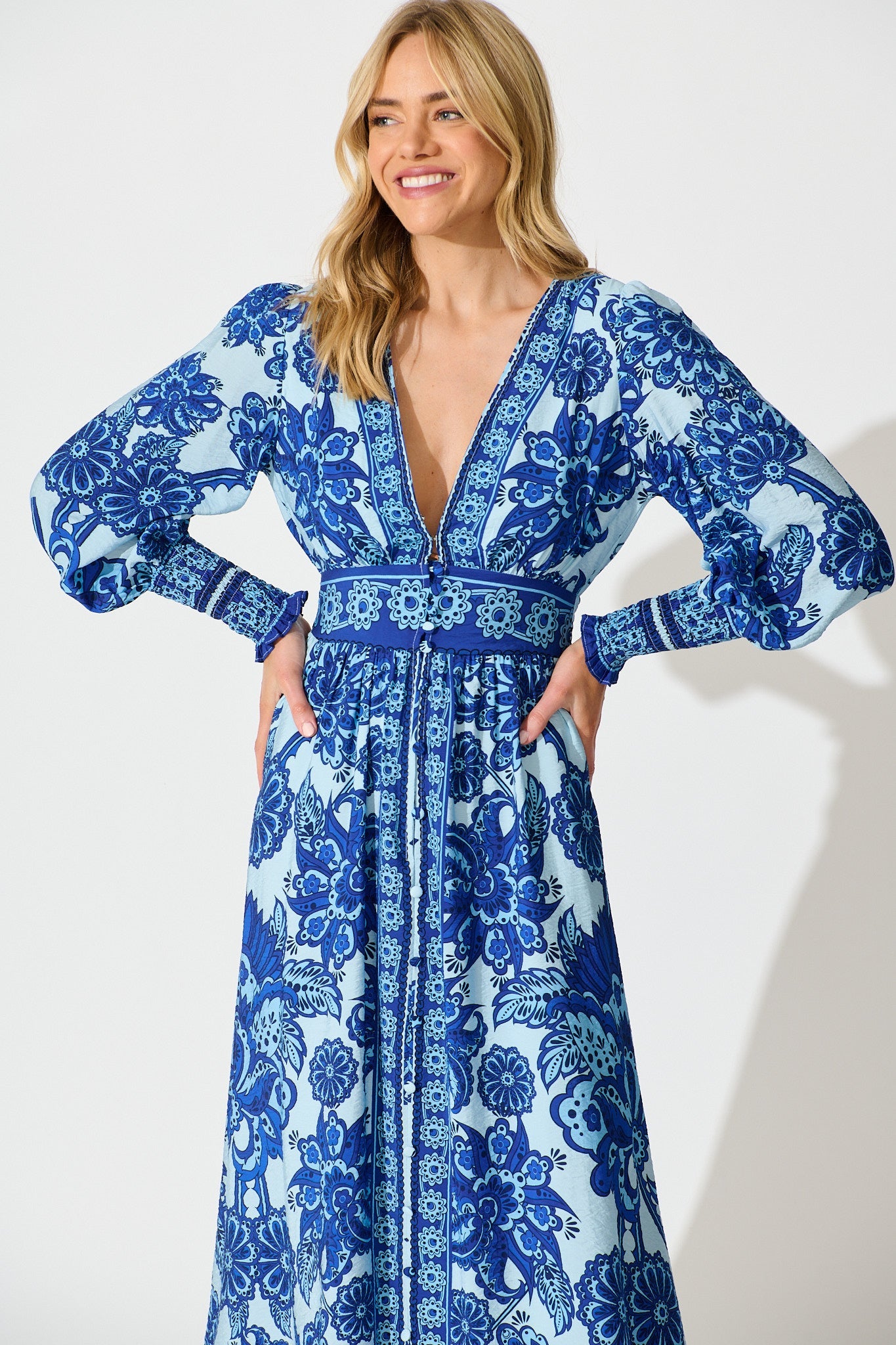 Deep Dive Maxi Dress in Blue with Navy Border Print
