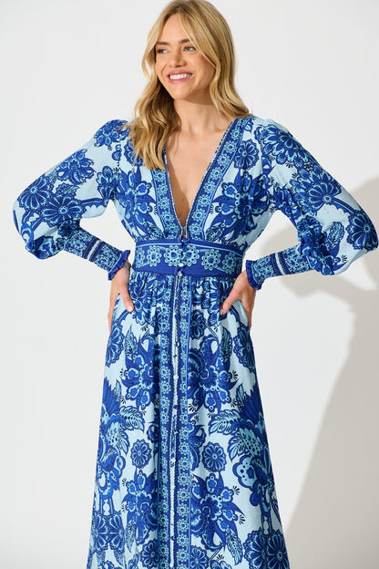 Deep Dive Maxi Dress in Blue with Navy Border Print