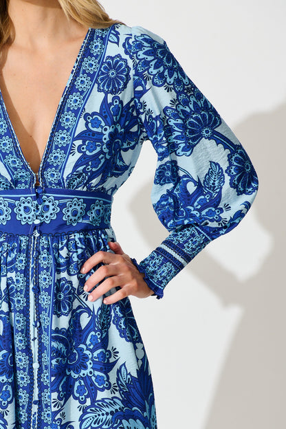 Deep Dive Maxi Dress in Blue with Navy Border Print