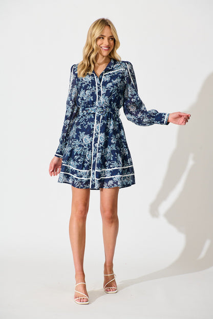 Cupids Kiss Dress in Navy Floral with Contrast Trim