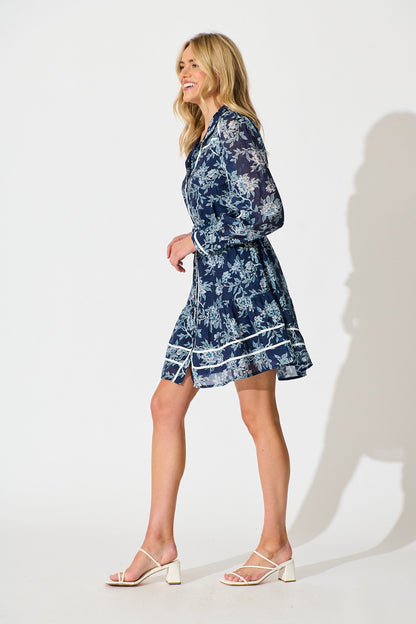 Cupids Kiss Dress in Navy Floral with Contrast Trim