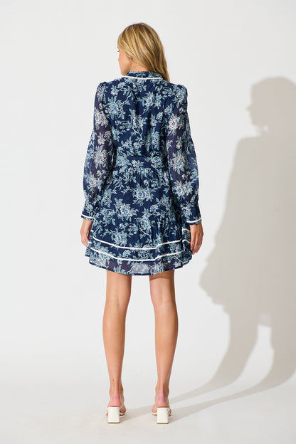 Cupids Kiss Dress in Navy Floral with Contrast Trim