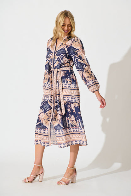 Janeiro Midi Dress in Navy with Beige Linen Blend