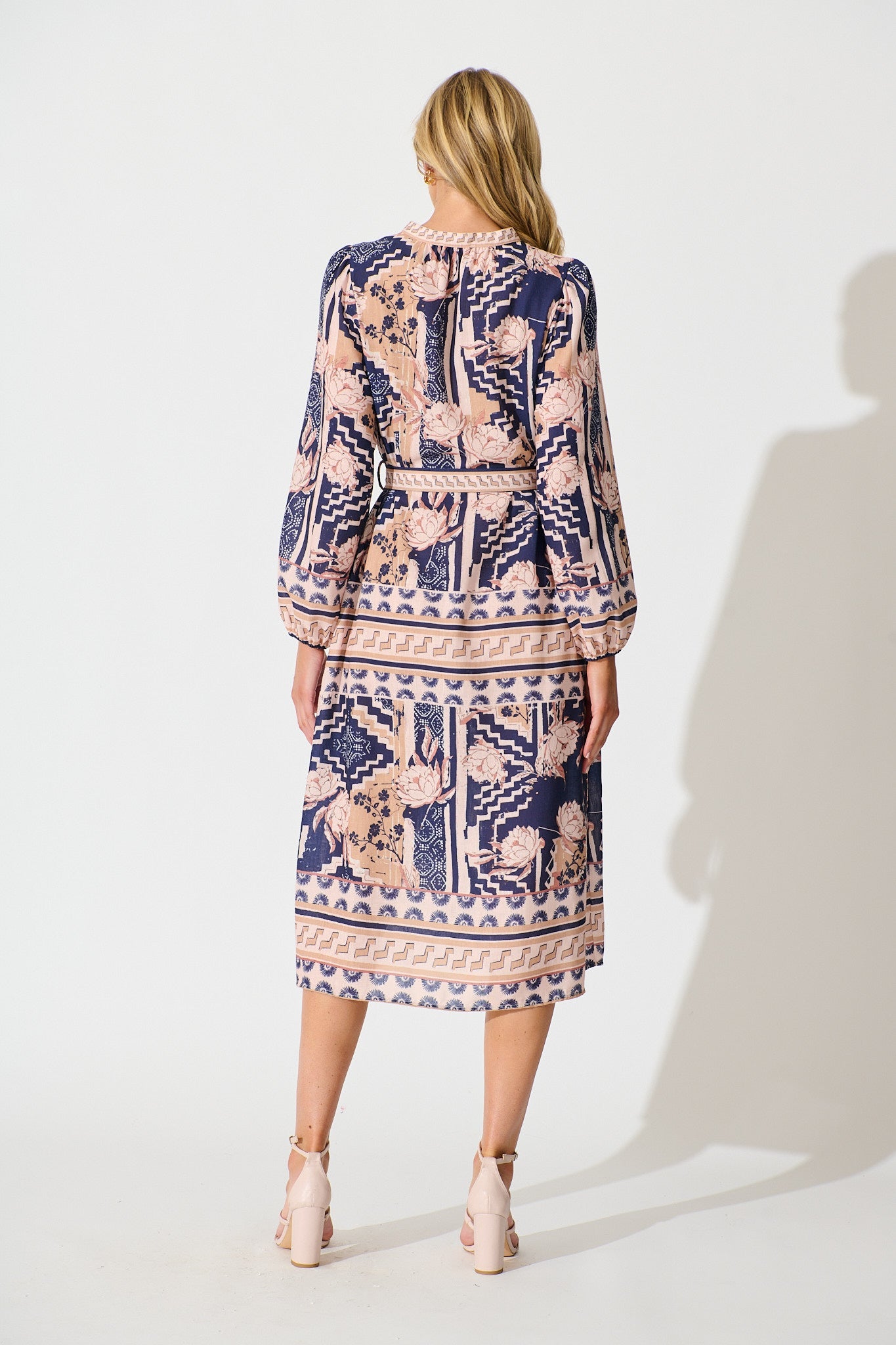 Janeiro Midi Dress in Navy with Beige Linen Blend