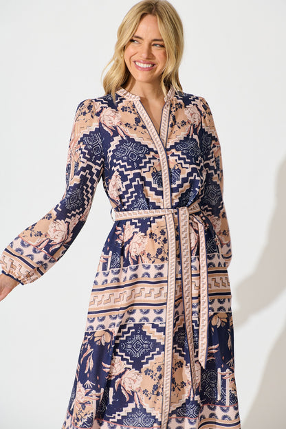 Janeiro Midi Dress in Navy with Beige Linen Blend