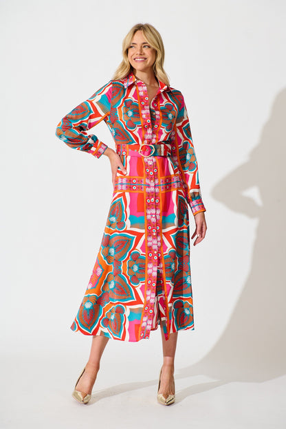 Pinky Promises Midi Shirt Dress in Bright Multi Print