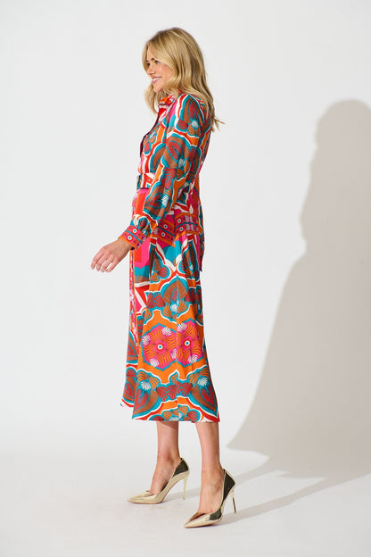 Pinky Promises Midi Shirt Dress in Bright Multi Print