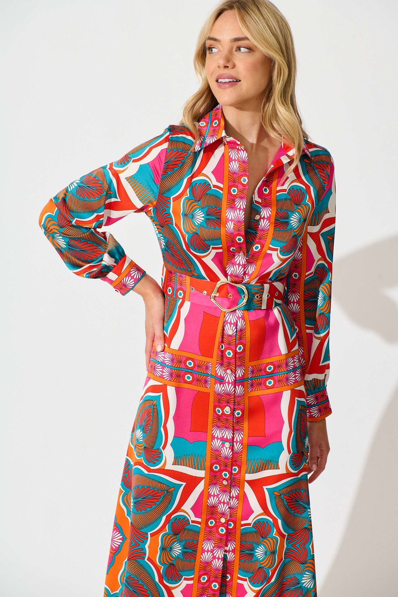 Pinky Promises Midi Shirt Dress in Bright Multi Print