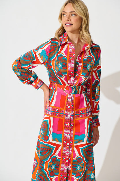Pinky Promises Midi Shirt Dress in Bright Multi Print
