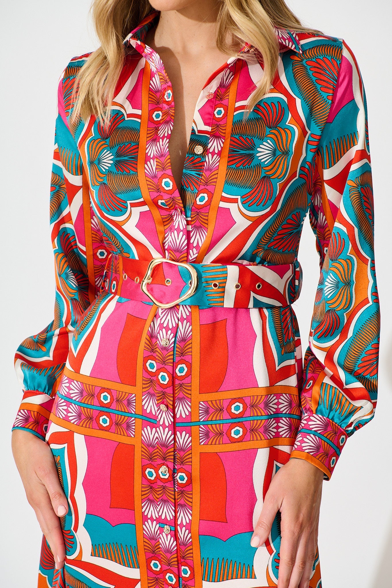 Pinky Promises Midi Shirt Dress in Bright Multi Print