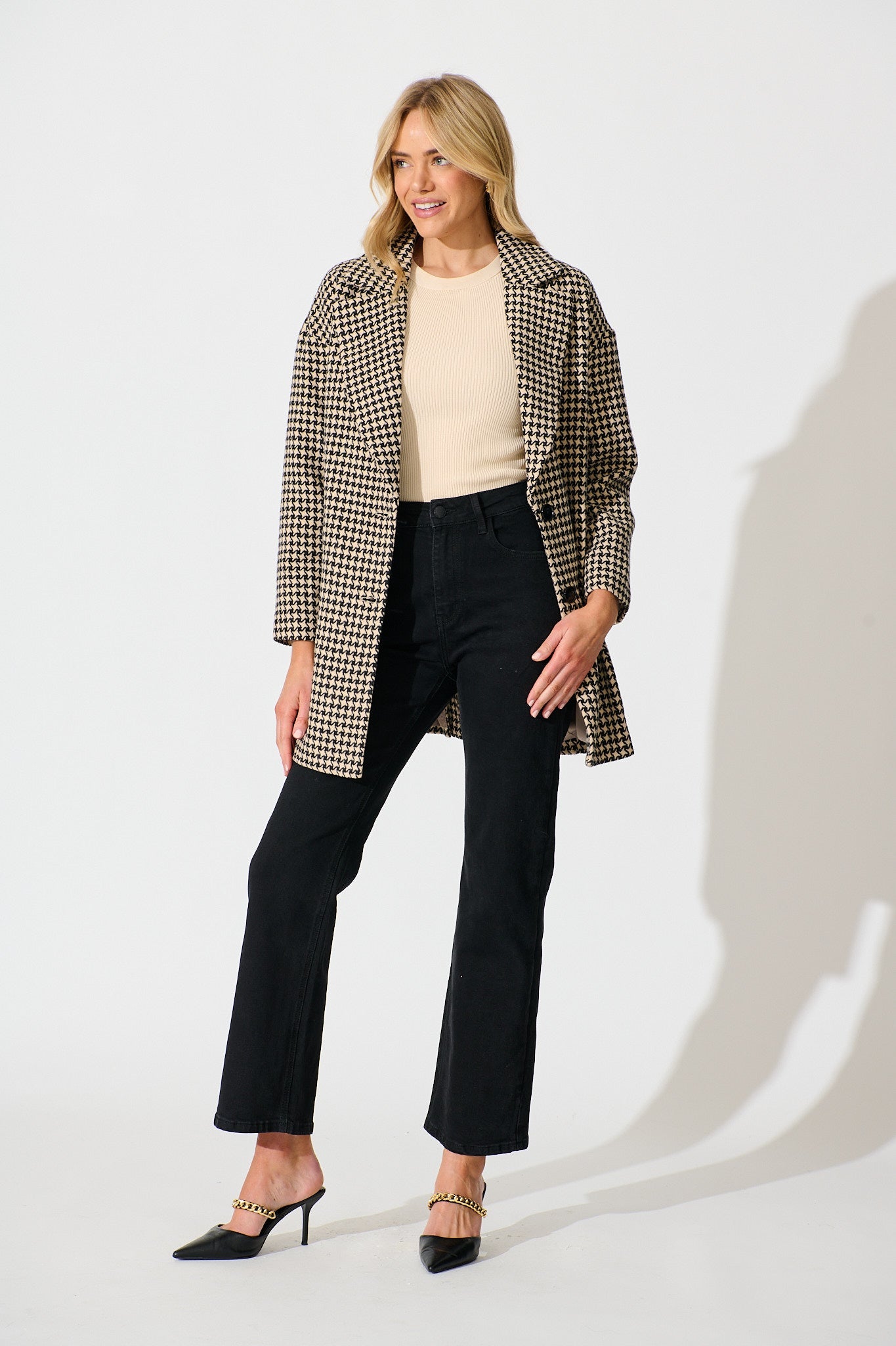 Norvina Coat in Beige with Black Herringbone Check