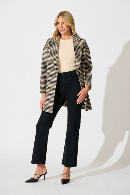 Norvina Coat in Beige with Black Herringbone Check