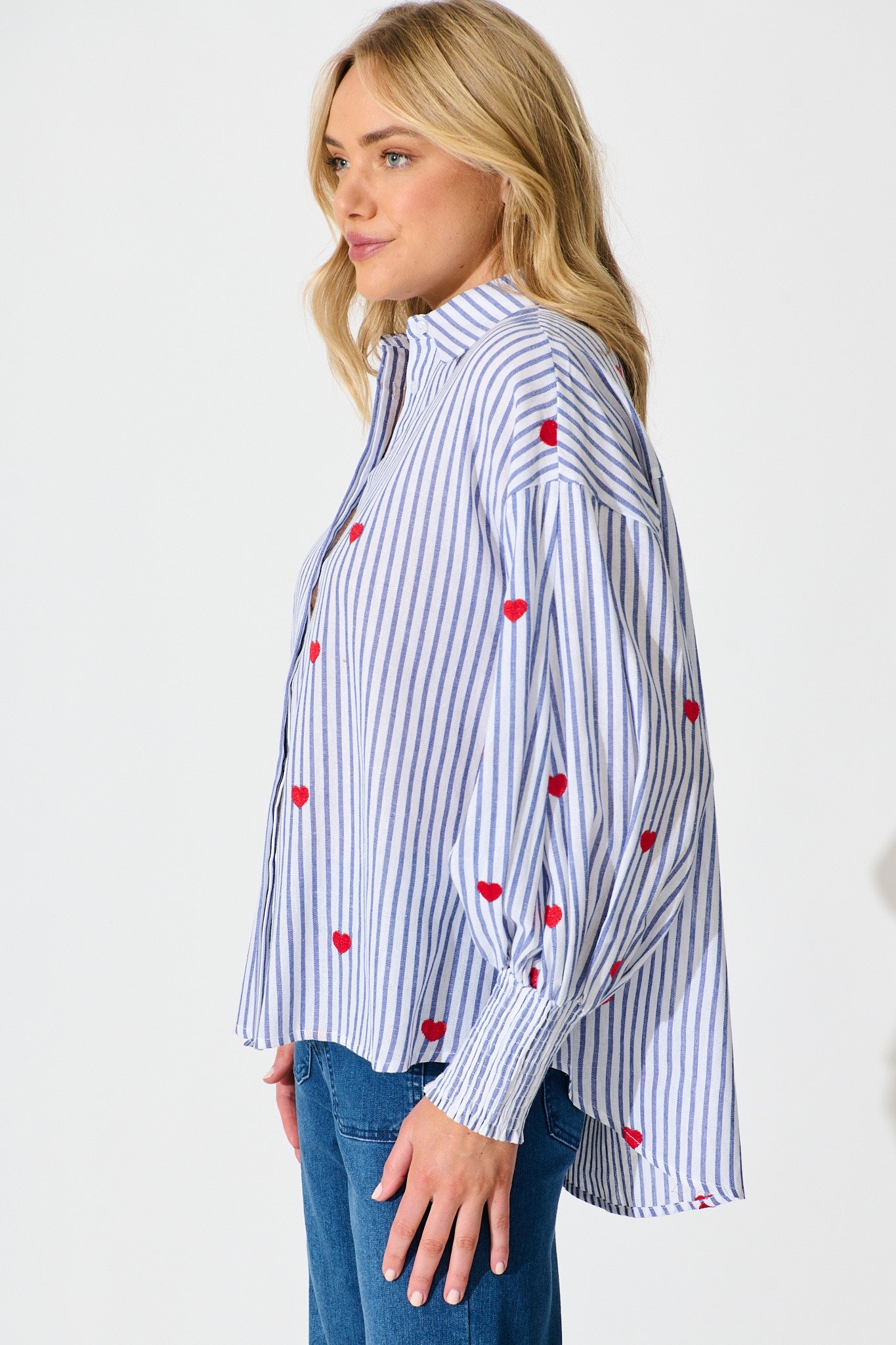 Hearts Desire Shirt in Blue Stripe and Heart Embroidered
