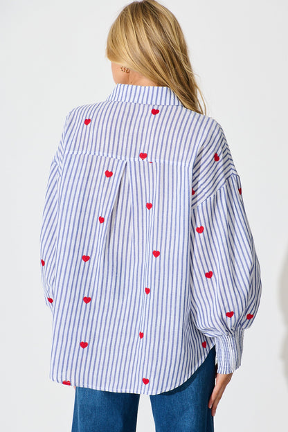 Hearts Desire Shirt in Blue Stripe and Heart Embroidered