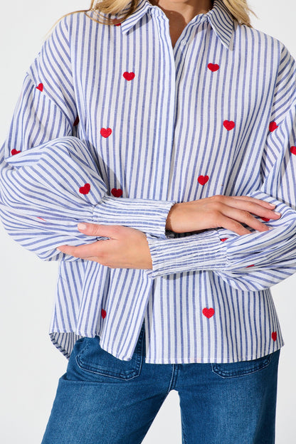 Hearts Desire Shirt in Blue Stripe and Heart Embroidered