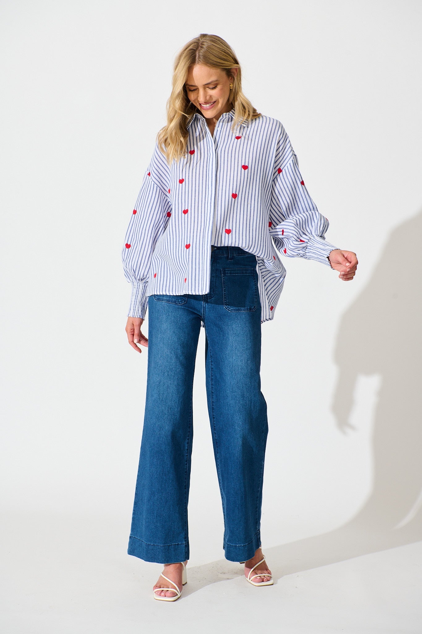 Hearts Desire Shirt in Blue Stripe and Heart Embroidered