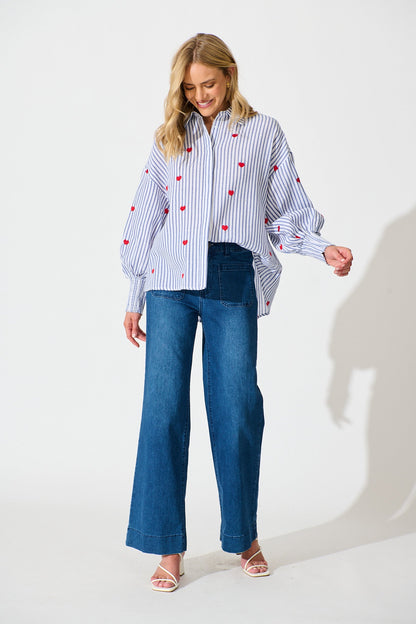 Hearts Desire Shirt in Blue Stripe and Heart Embroidered